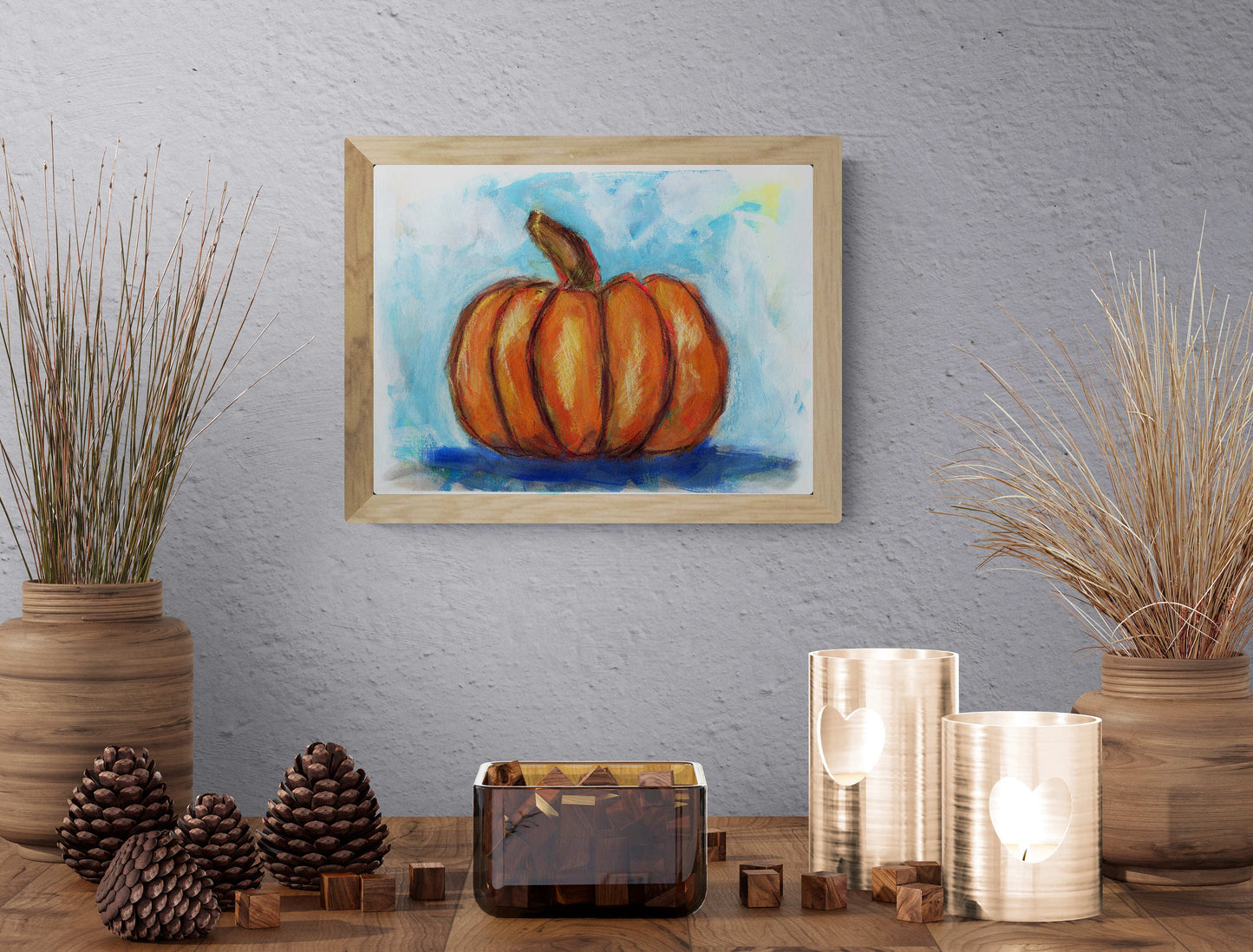 Fall pumpkin mixed media painting on paper 9x12, fall decorations, fall home decor