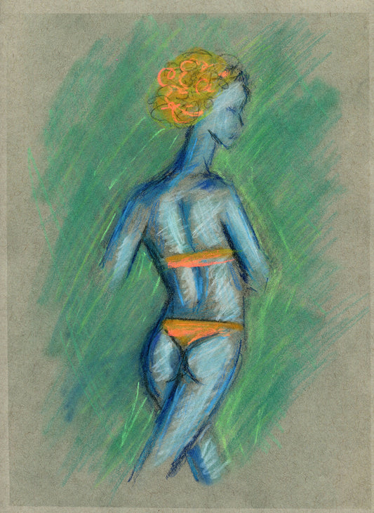 Expressive female form original soft pastel and colored pencil drawing 9x12, old school pin up girl wall art