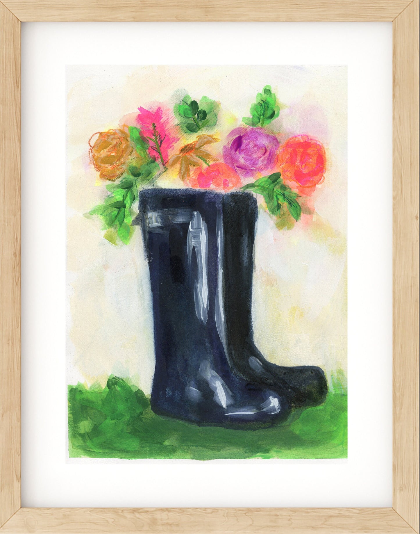 Rain boots mixed media painting 9x12, blooming flowers, original artwork, rainy day art, office wall decor, doom room artwork