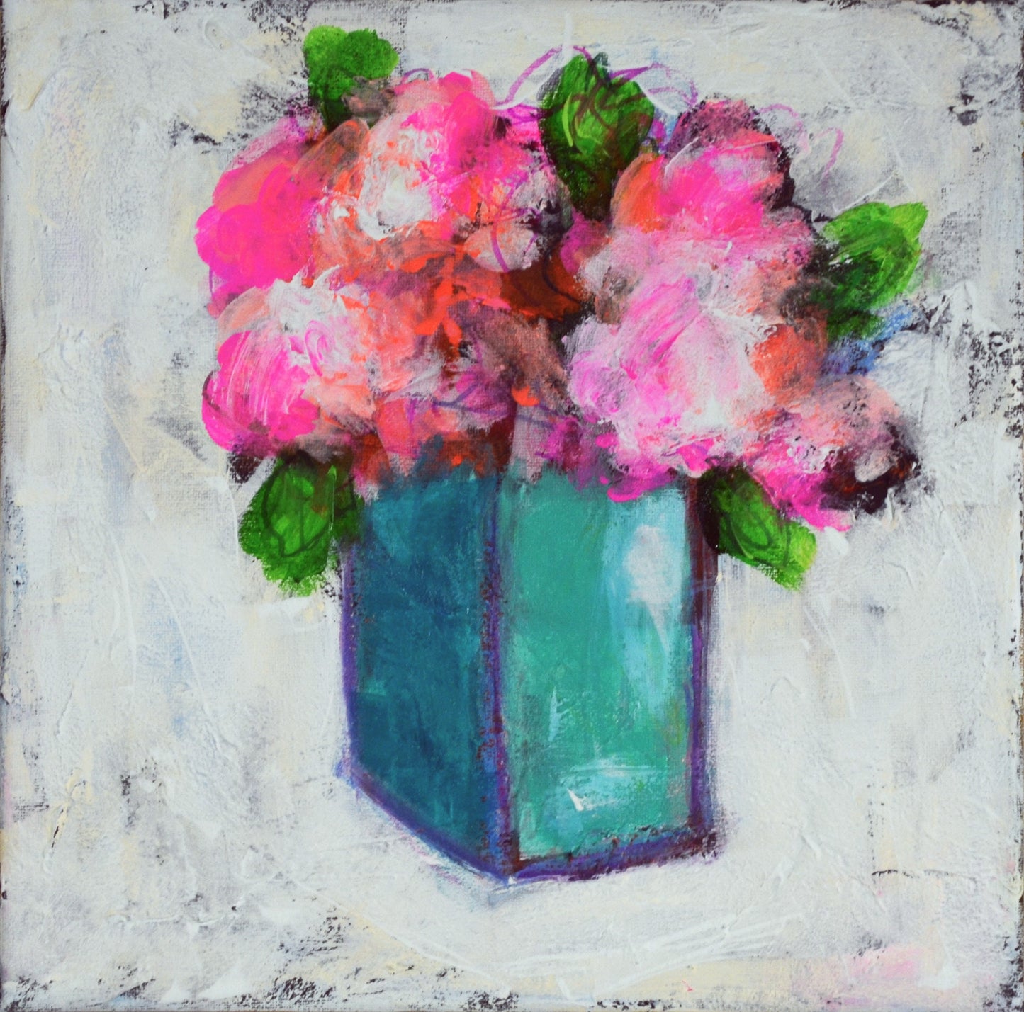 Sweet pea flowers in a vase hand painted mixed media painting 12x12, acrylic painting on canvas