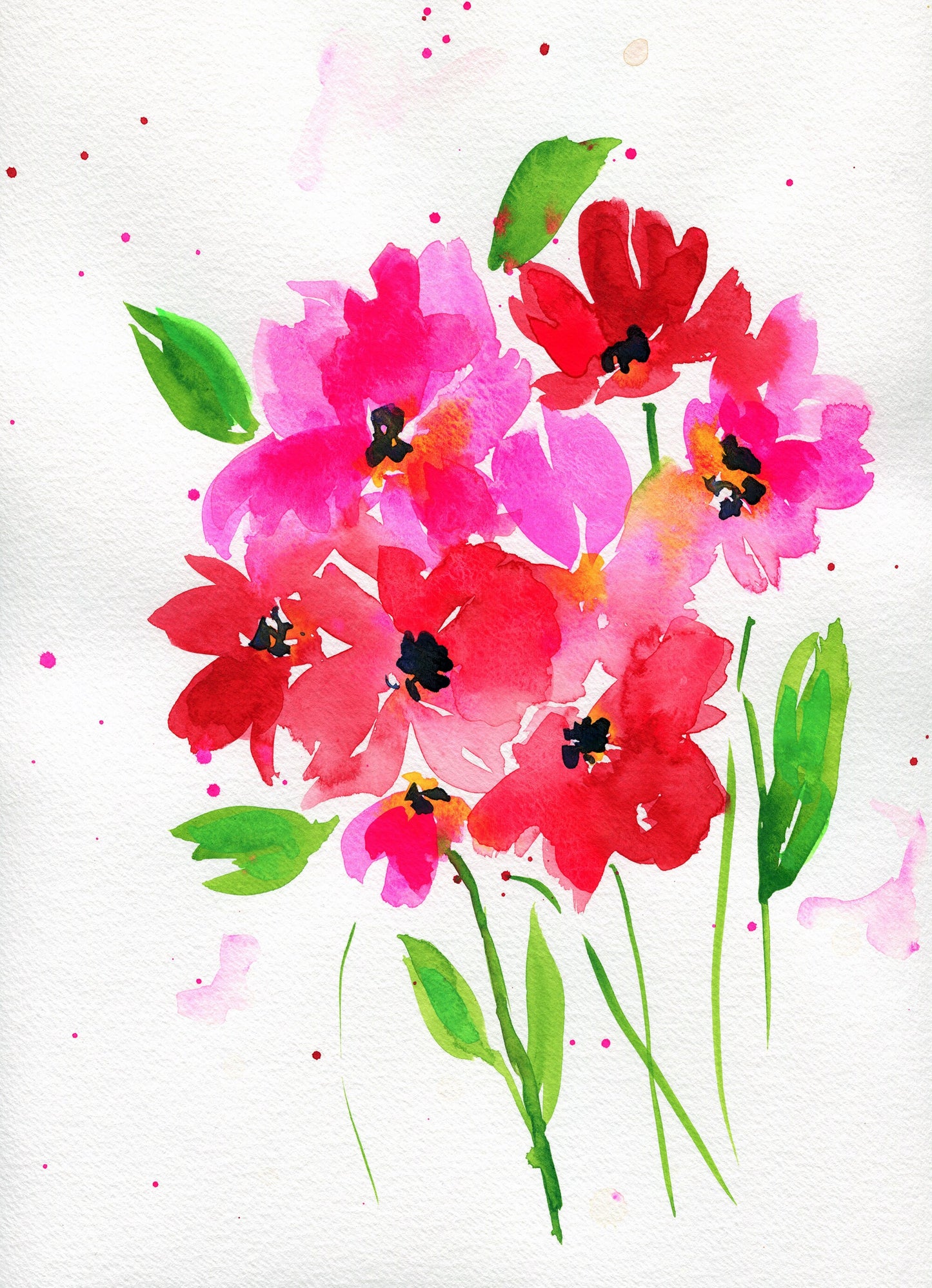 Vibrant pink poppy hand painted watercolor painting 9x12, ready to frame original watercolor painting wall art