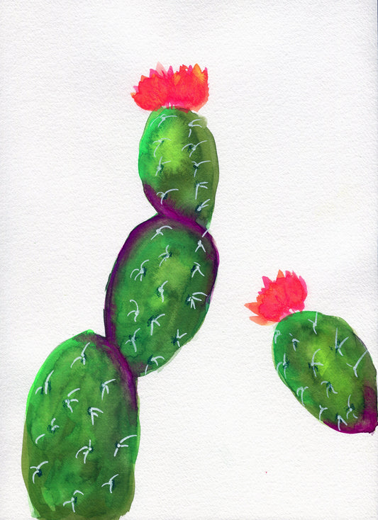 Flowering cactus hand painted watercolor painting 9x12, southwestern wall art, orange flowering cactus artwork, succulent painting