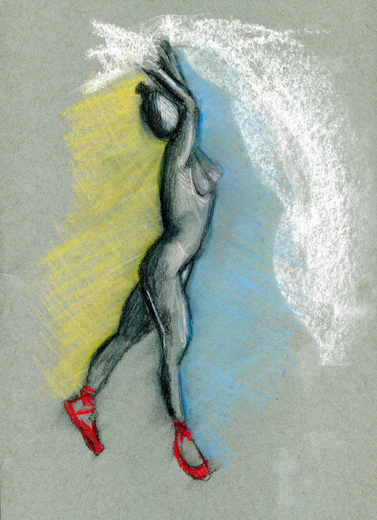 Expressive female form original soft pastel drawing 9x12, red slipper ballet dancer, sensual sultry female backside