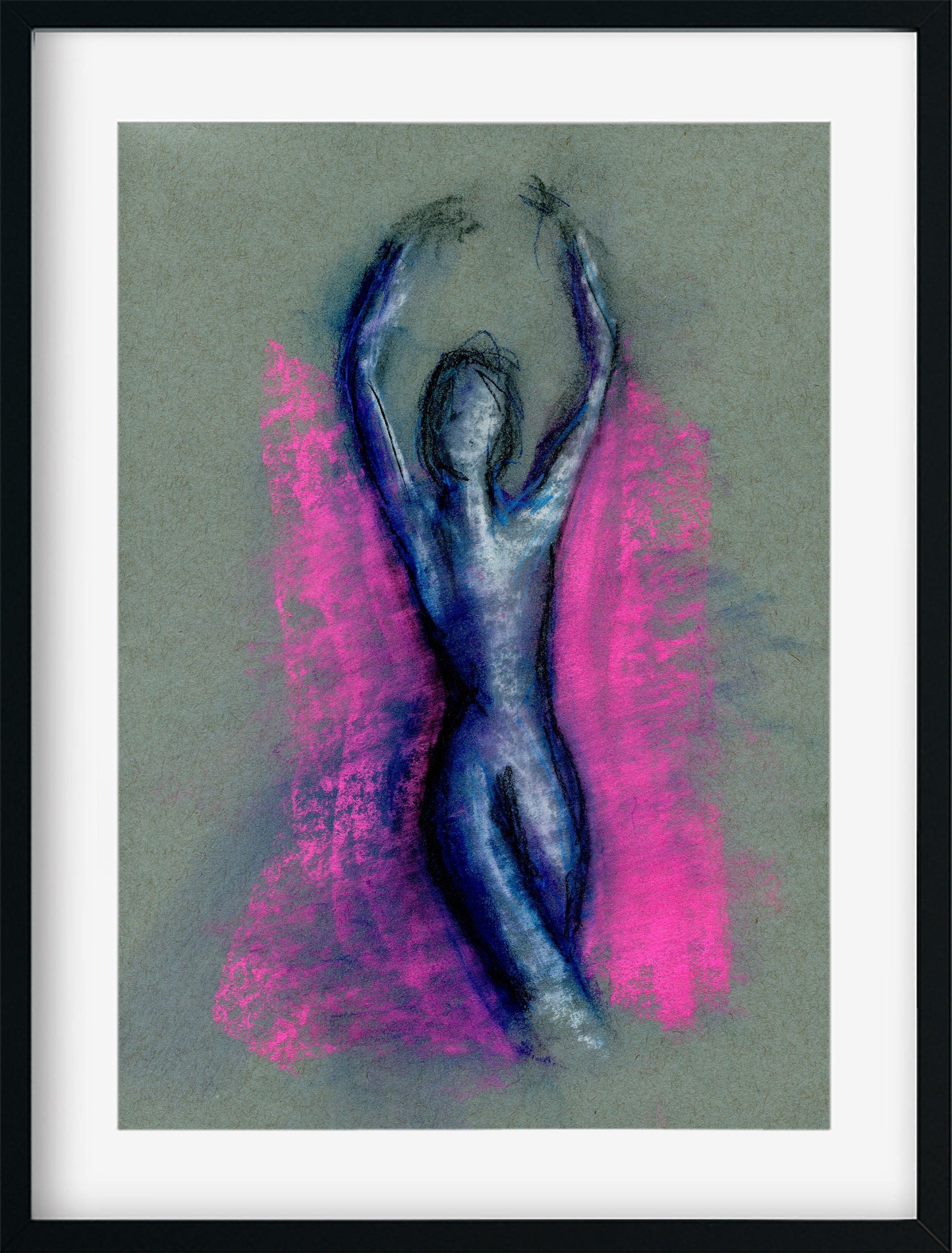 Expressive female form original soft pastel drawing 9x12, hot pink ballet dancer, sensual sultry female silouette