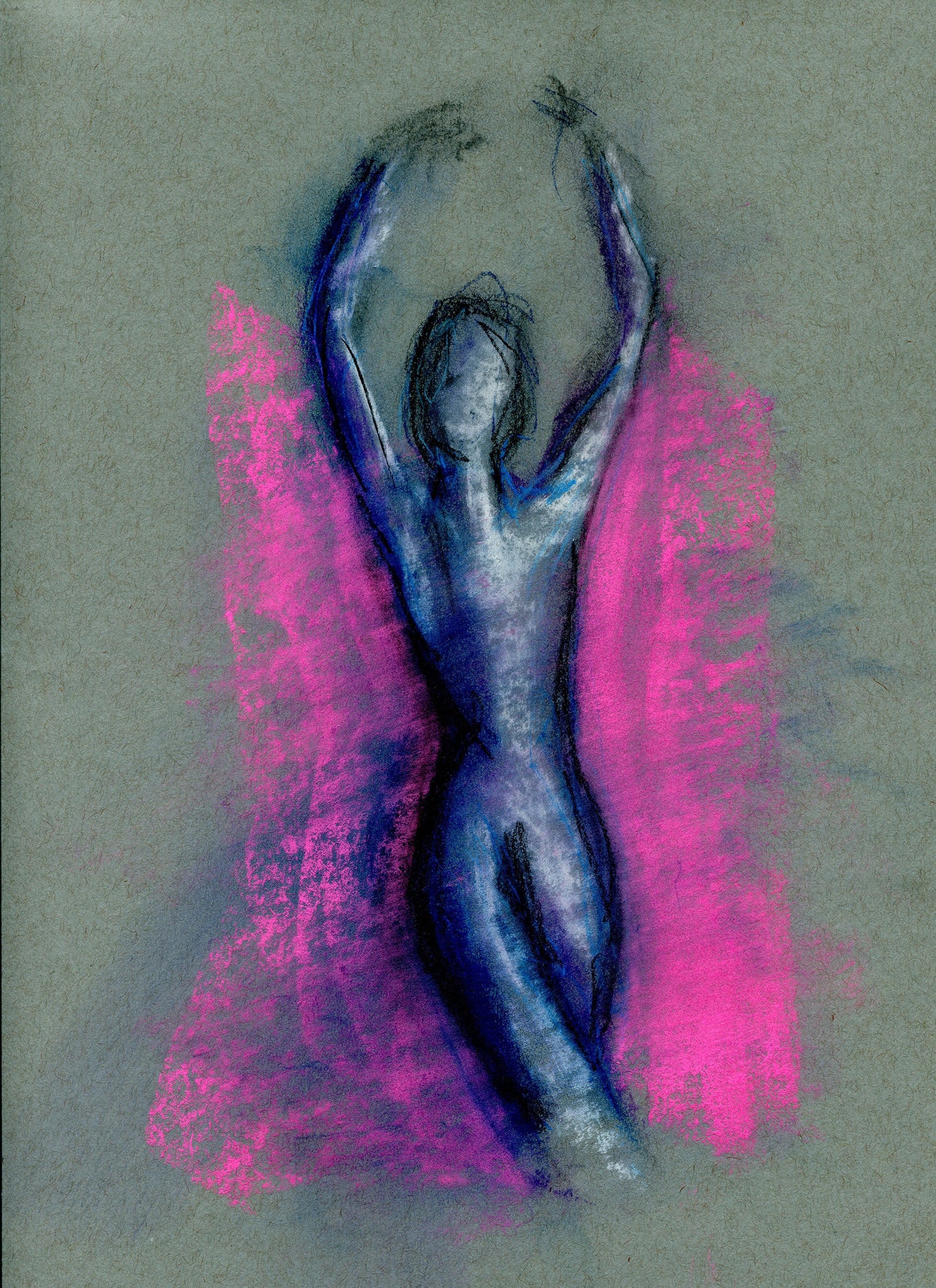 Expressive female form original soft pastel drawing 9x12, hot pink ballet dancer, sensual sultry female silouette