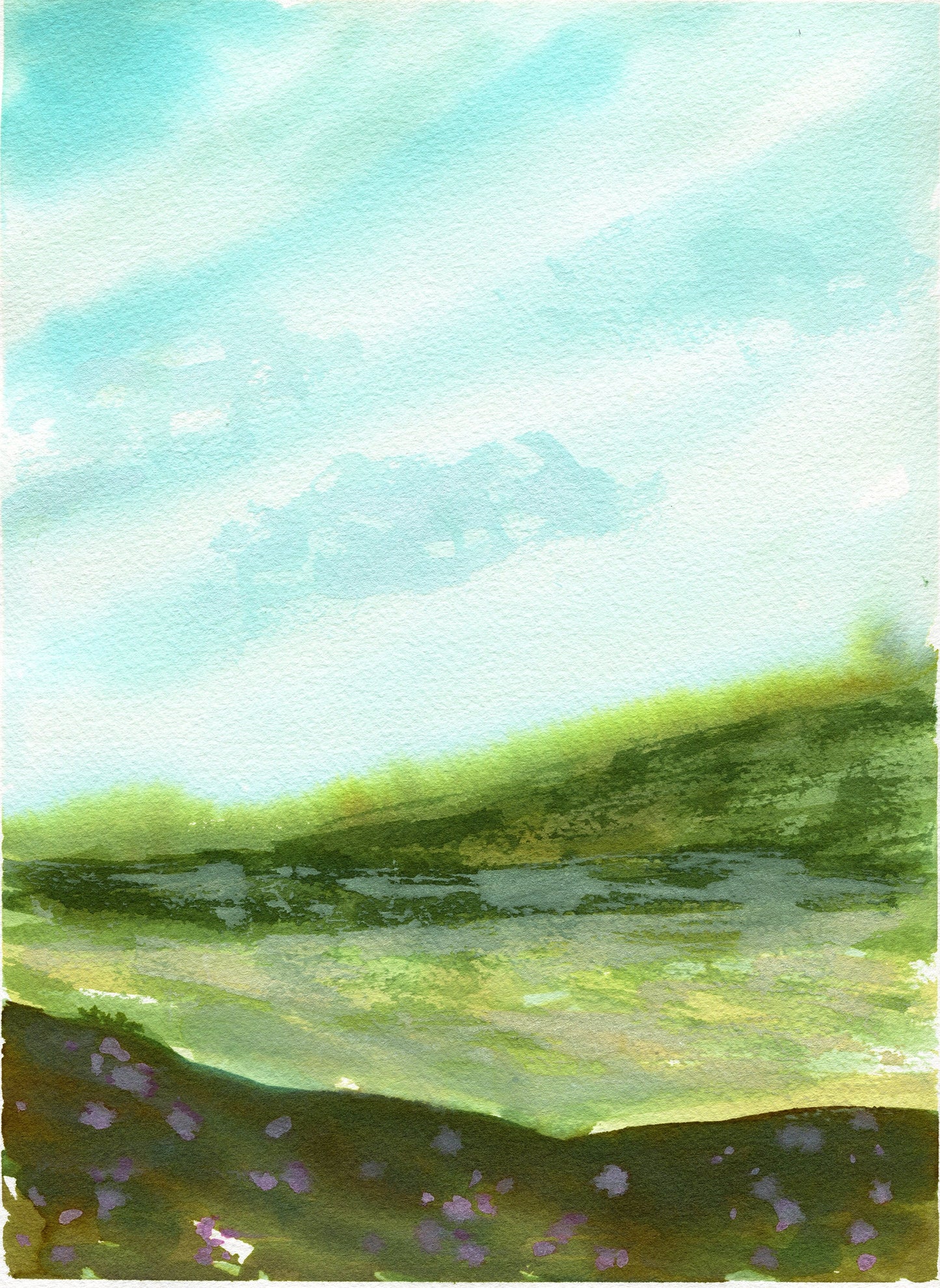 Abstract green landscape hand painted watercolor painting 9x12, original wilderness landscape watercolor painting