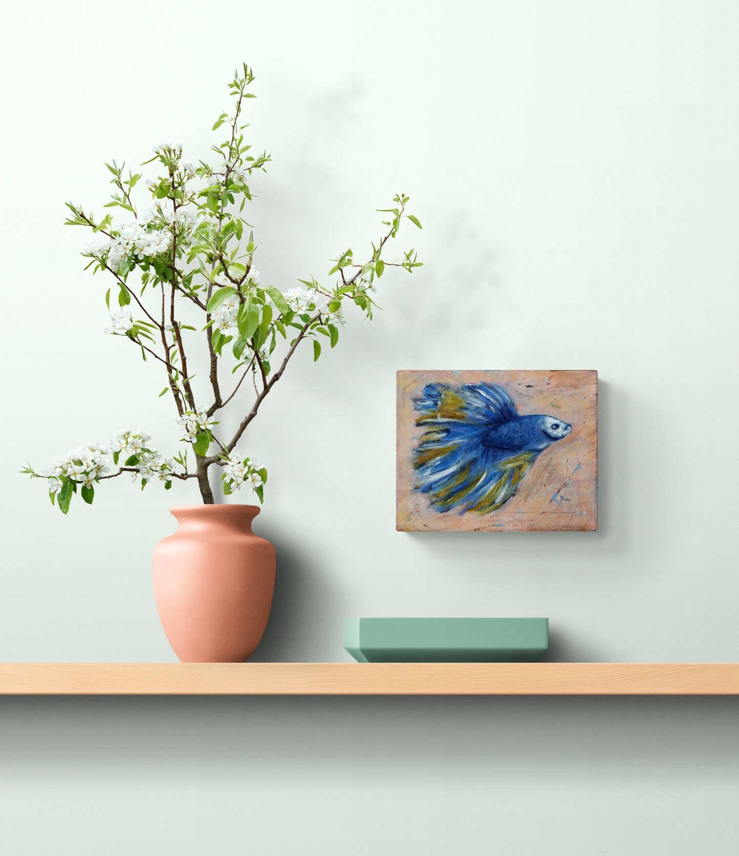 Betta fish artwork, blue and white hand painted acrylic painting on canvas 8x10, small fish wall art, Siamese fighting fish