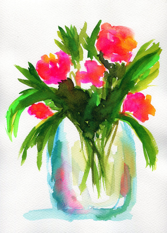 Tulips hand painted watercolor painting on paper 9x12, flowers in a water filled vase original artwork