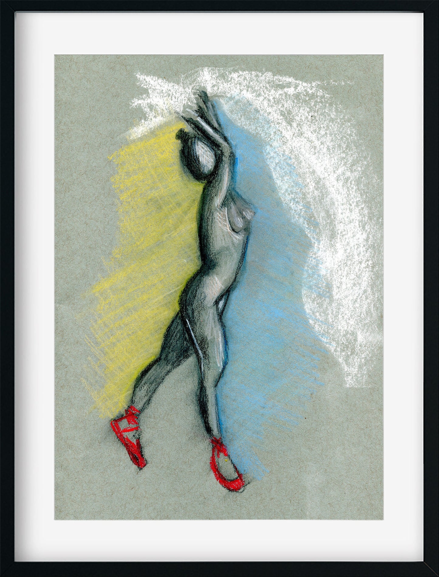 Expressive female form original soft pastel drawing 9x12, red slipper ballet dancer, sensual sultry female backside