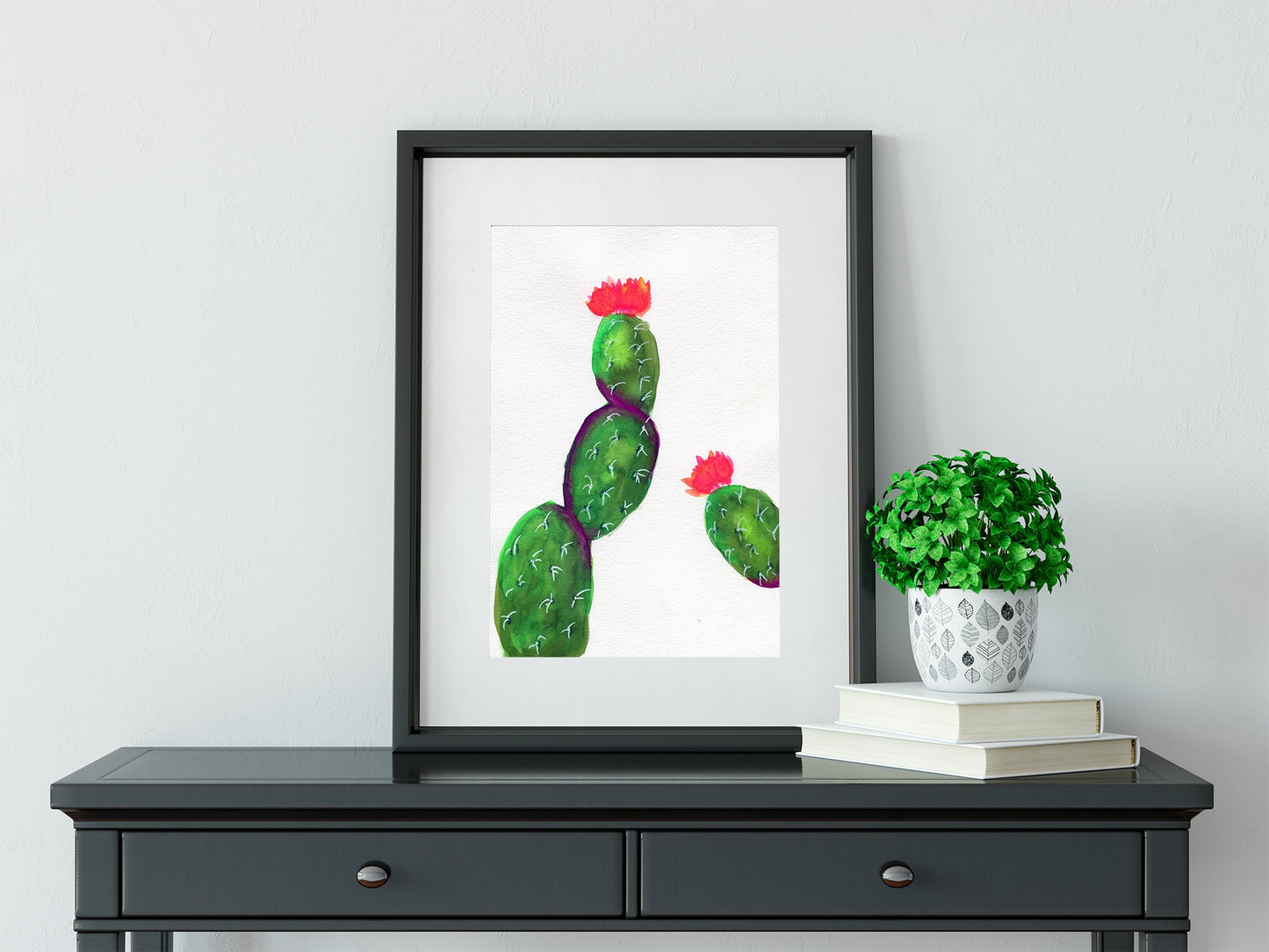 Flowering cactus hand painted watercolor painting 9x12, southwestern wall art, orange flowering cactus artwork, succulent painting