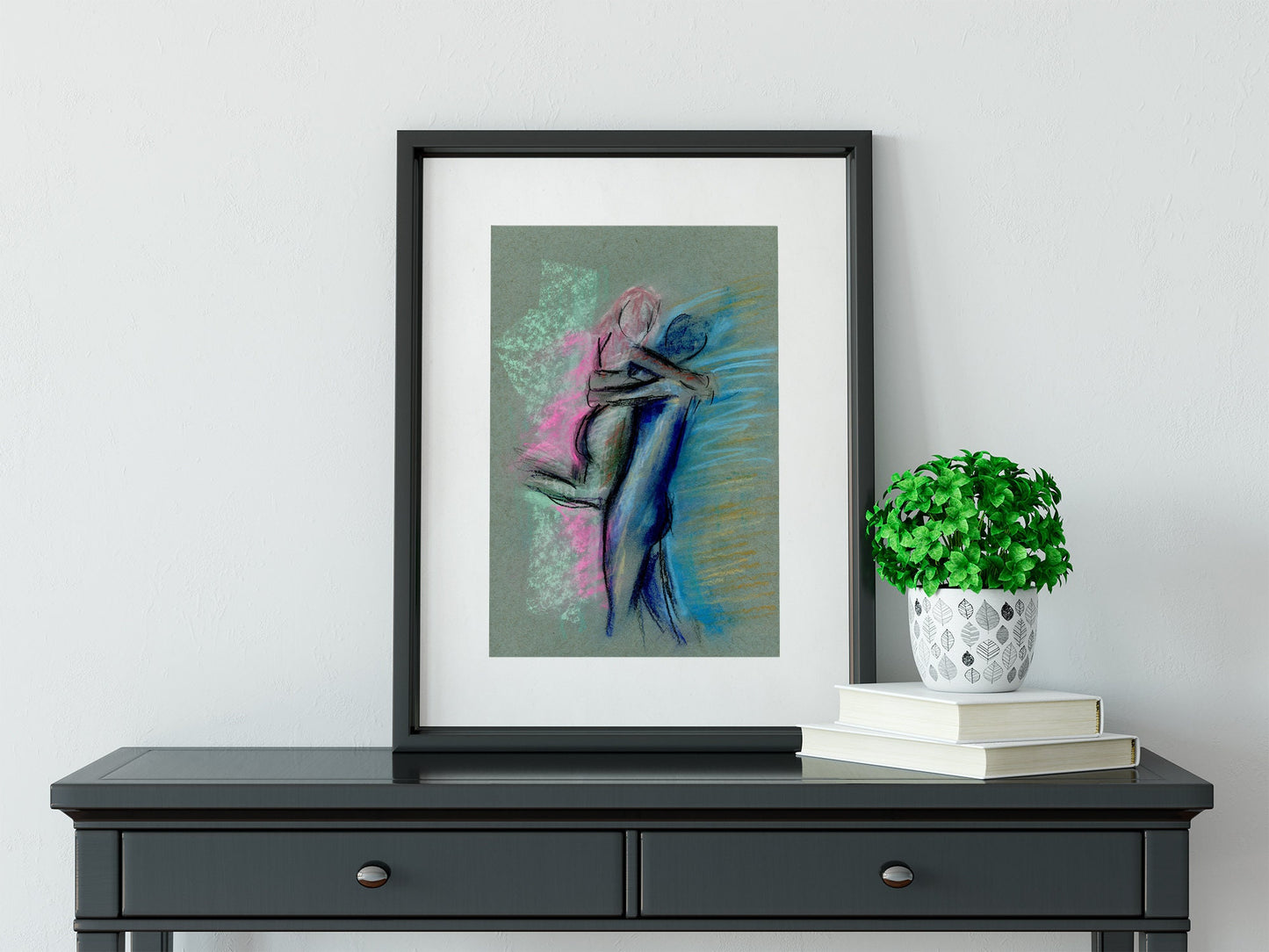 Expressive man and woman embracing original soft pastel drawing 9x12, bold bright color wall art