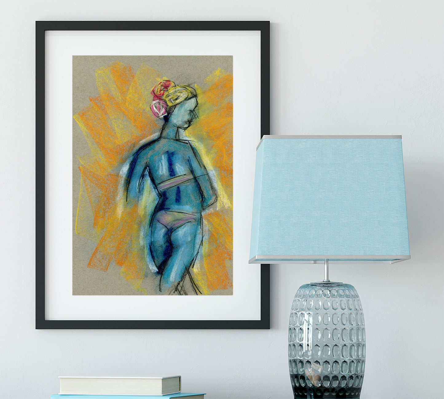 Expressive female form original soft pastel and colored pencil drawing 9x12, old school pin up girl wall art