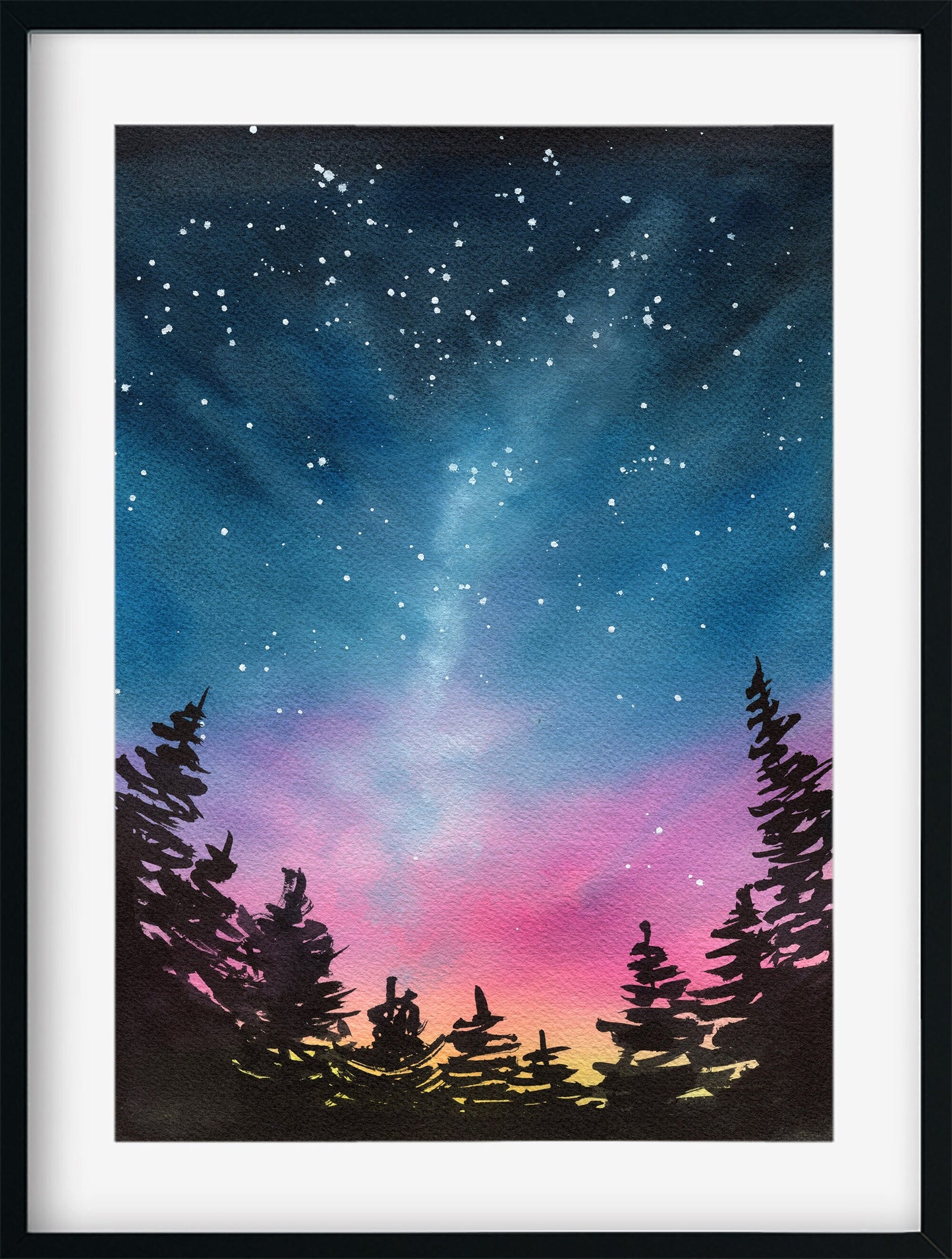 Sunset forest original hand painted watercolor painting 9x12, rainbow-colored starry mountains landscape painting wall art 1