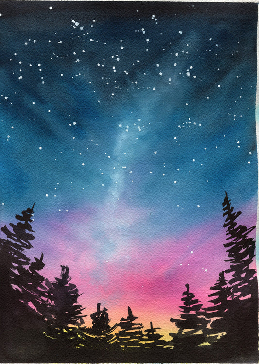 Sunset forest original hand painted watercolor painting 9x12, rainbow-colored starry mountains landscape painting wall art 1