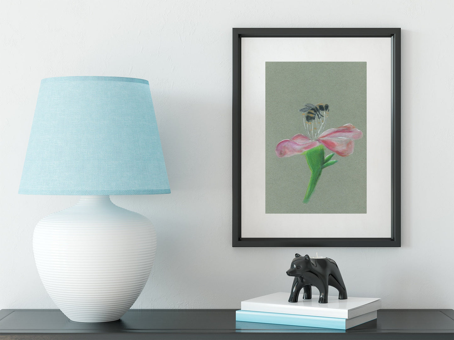 Bee on a flower pastel painting 9x12, honeybee pastel drawing, original artwork not a print, nursery wall art