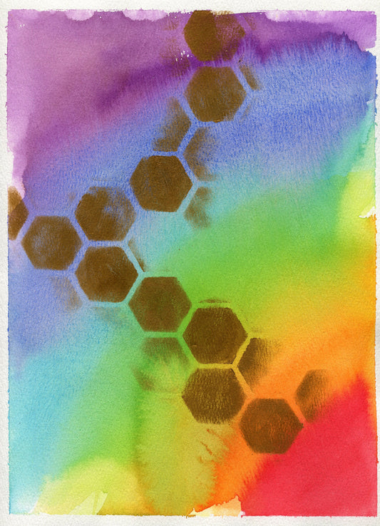 Gold honeycomb and rainbow original hand painted watercolor painting 9x12, feel good wall art, celebrate pride home decor