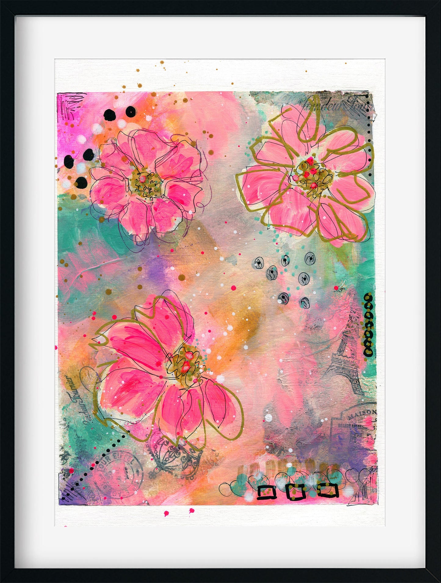 Abstract flowers hand painted mixed media painting on paper 9x12, graffiti art, mark making wall decor