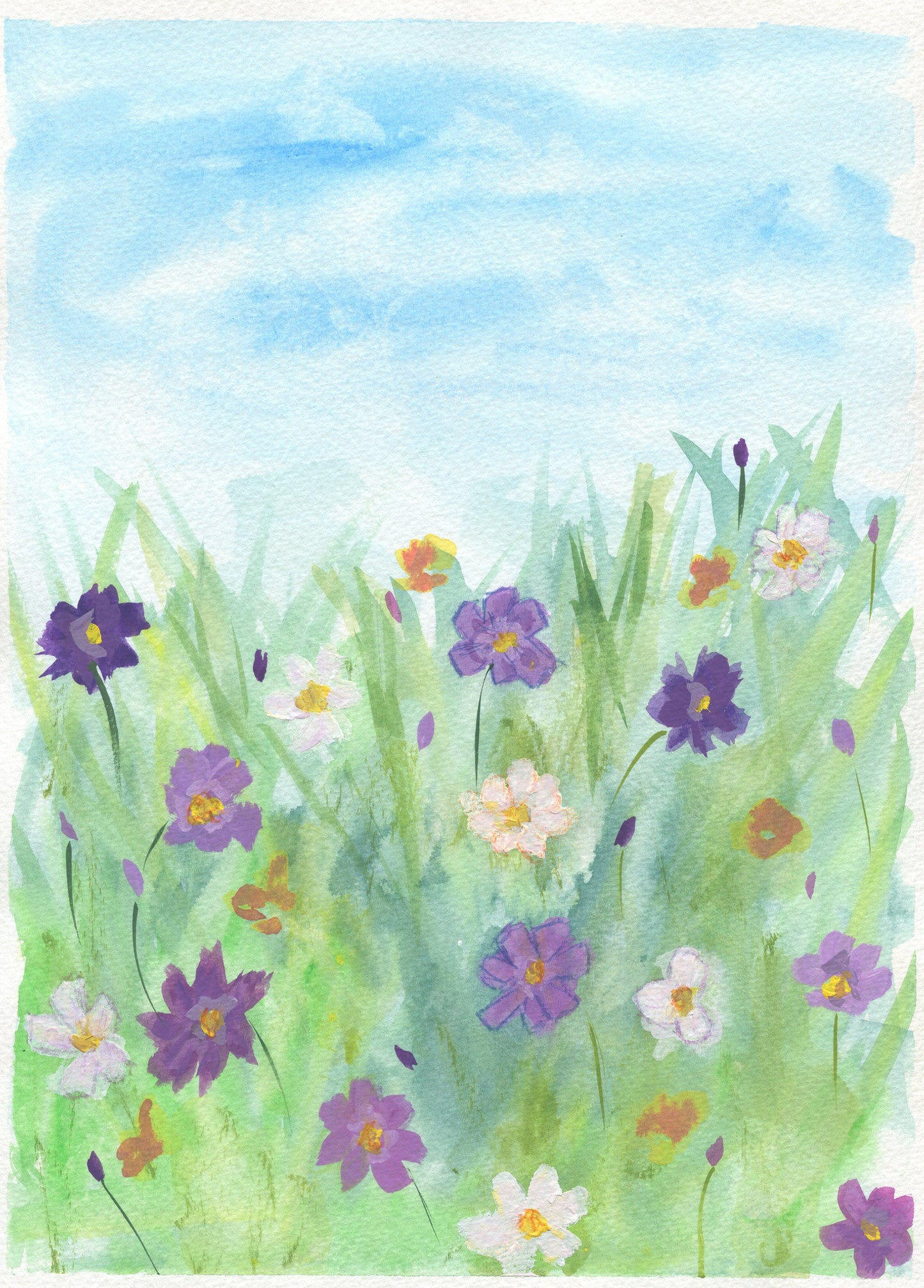 Field of cosmos flowers landscape hand painted watercolor painting 9x12, original wildflower landscape watercolor painting