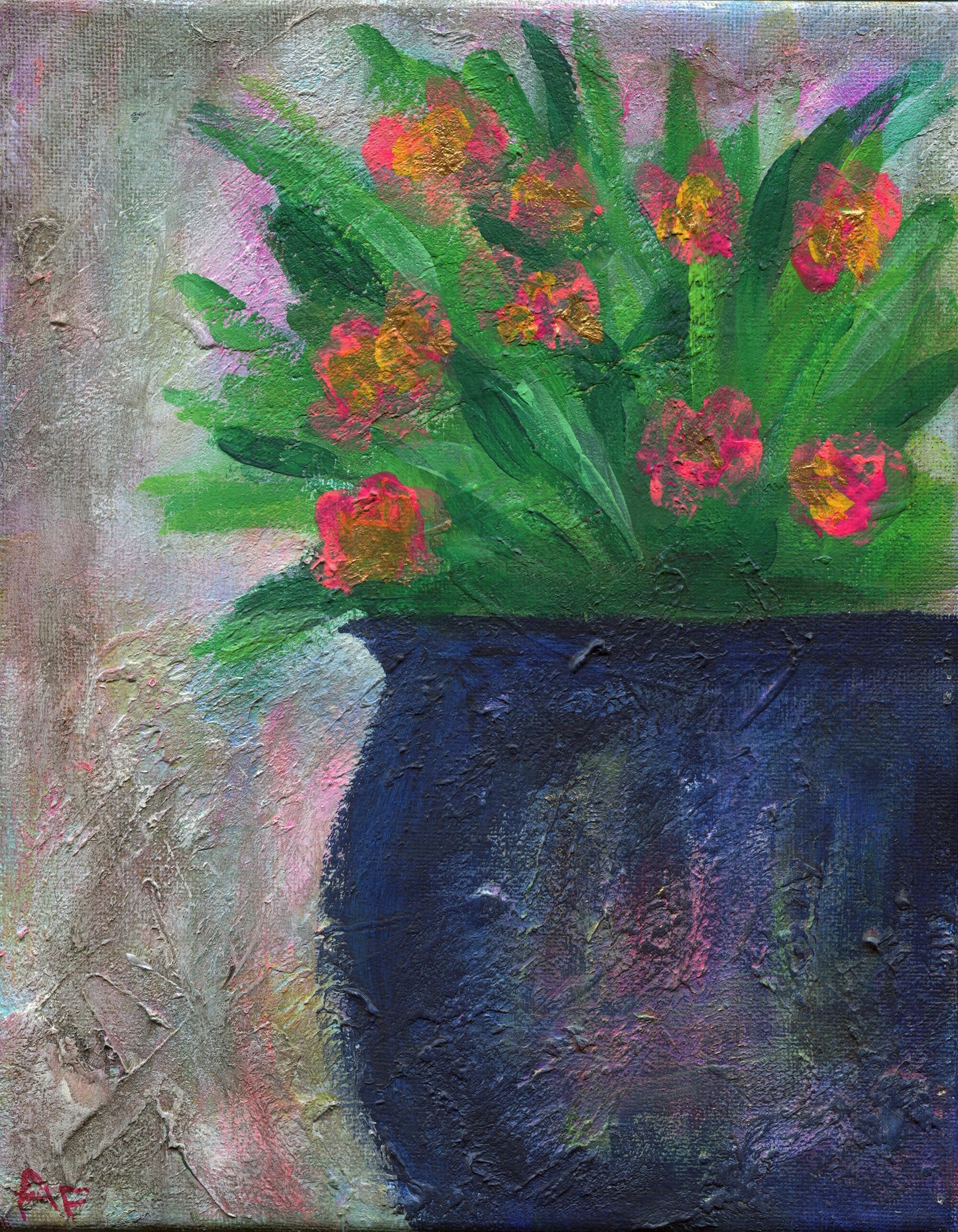 Vibrant abstract flowers in a blue vase 8x10, original painting on canvas, canvas wall art