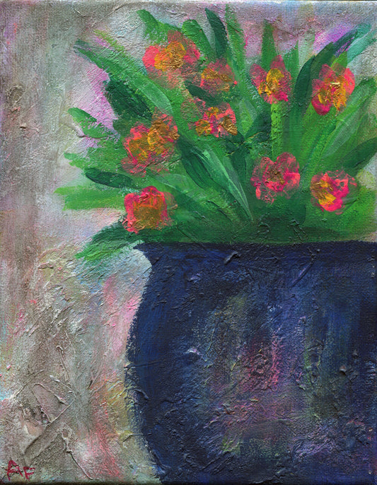 Bright orange flowers in a blue vase painting on canvas 8x10 - carved effects