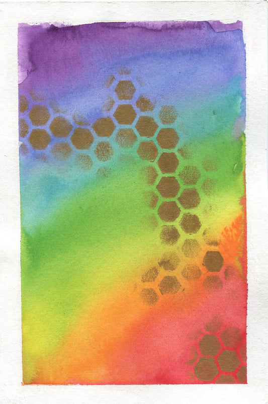 Gold honeycomb and rainbow original hand painted watercolor painting 6x9, feel good wall art, celebrate pride home decor