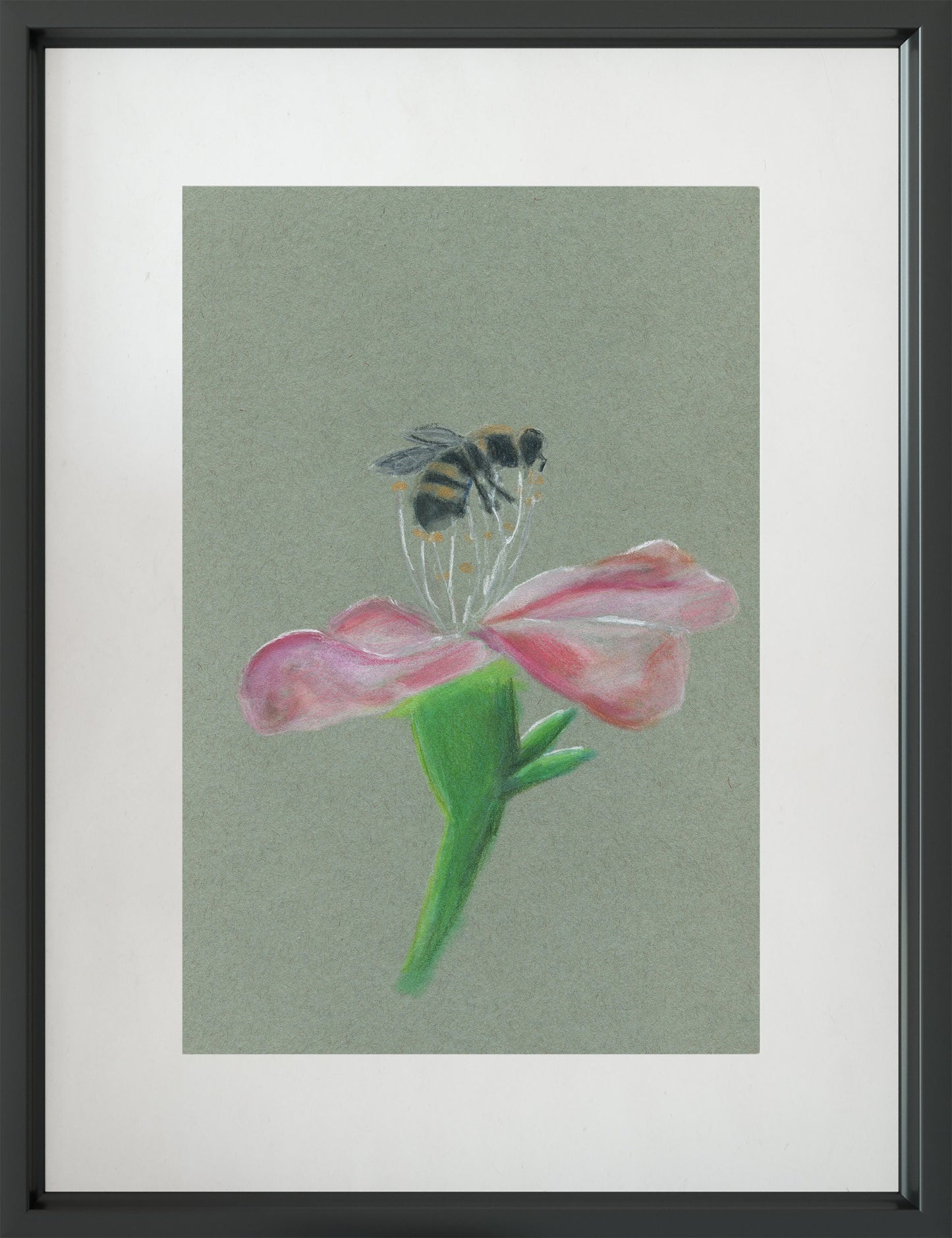 Bee on a flower pastel painting 9x12, honeybee pastel drawing, original artwork not a print, nursery wall art