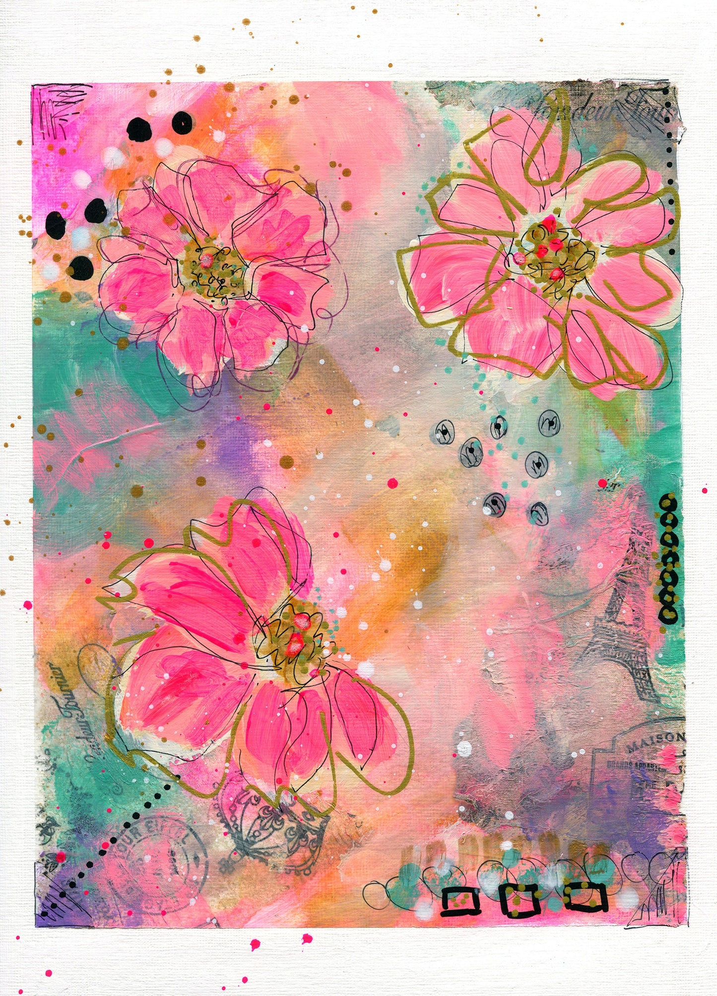 Abstract flowers hand painted mixed media painting on paper 9x12, graffiti art, mark making wall decor