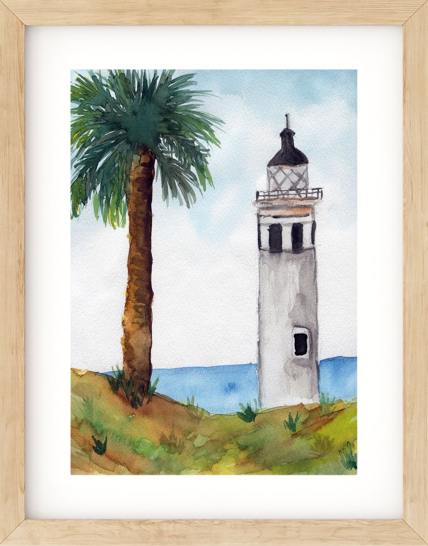 Point Vicente lighthouse original watercolor painting 9x12, Rancho Palos California wall art