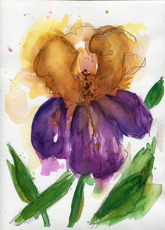 Purple and yellow Iris hand painted watercolor painting 9x12, floral wall decor, original botanical artwork