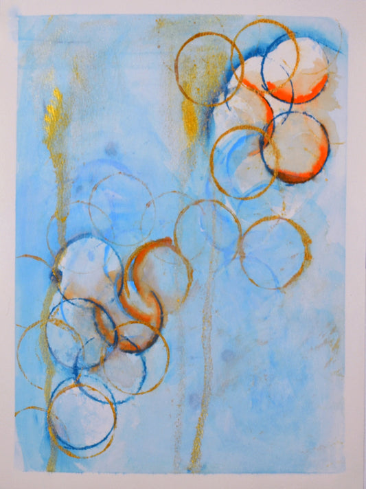 Blue orange and gold circle abstract watercolor painting 9x12, abstract circle watercolor original artwork