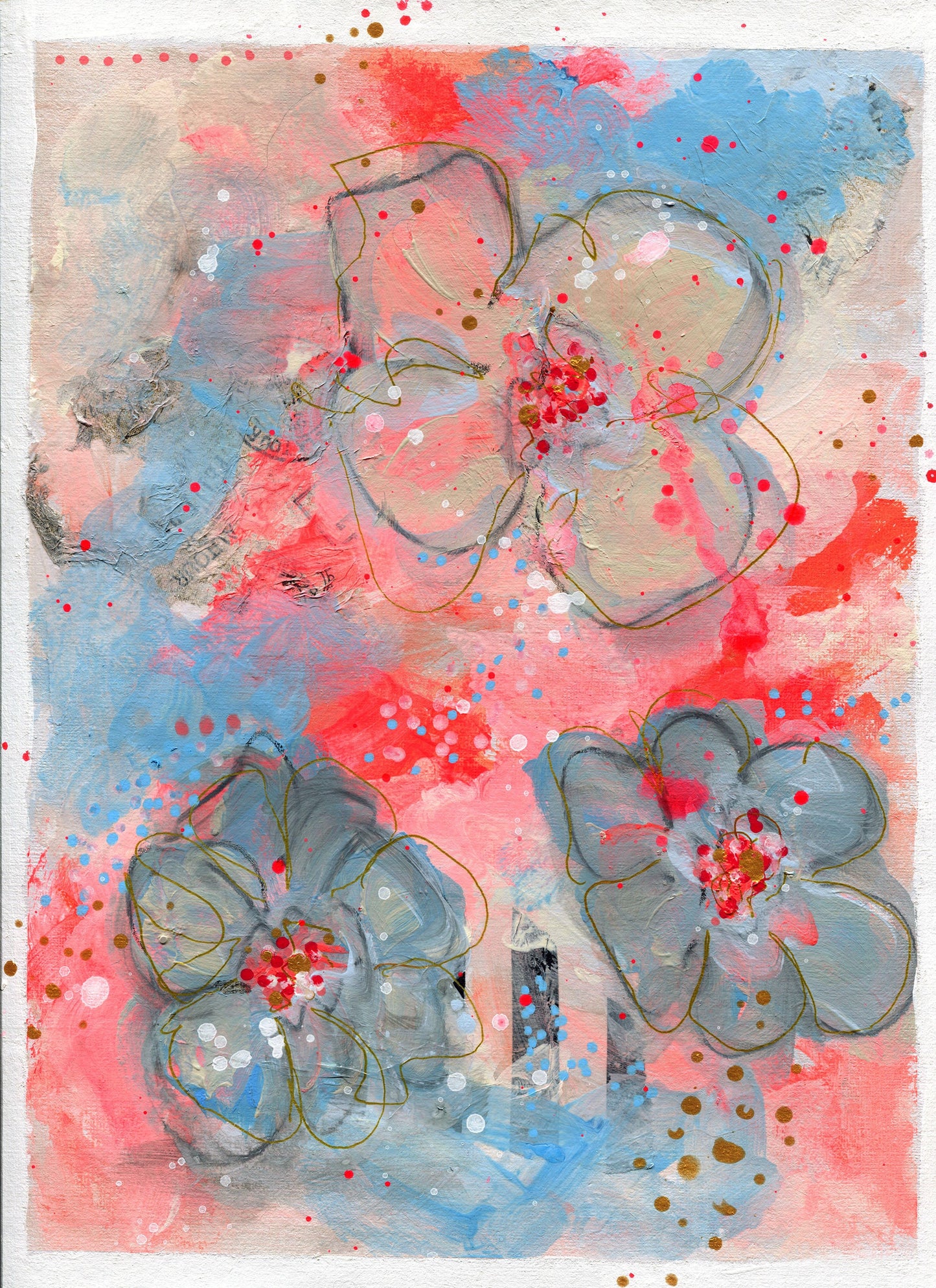 Abstract flowers hand painted mixed media painting on paper 9x12, graffiti wall art, mark making wall decor