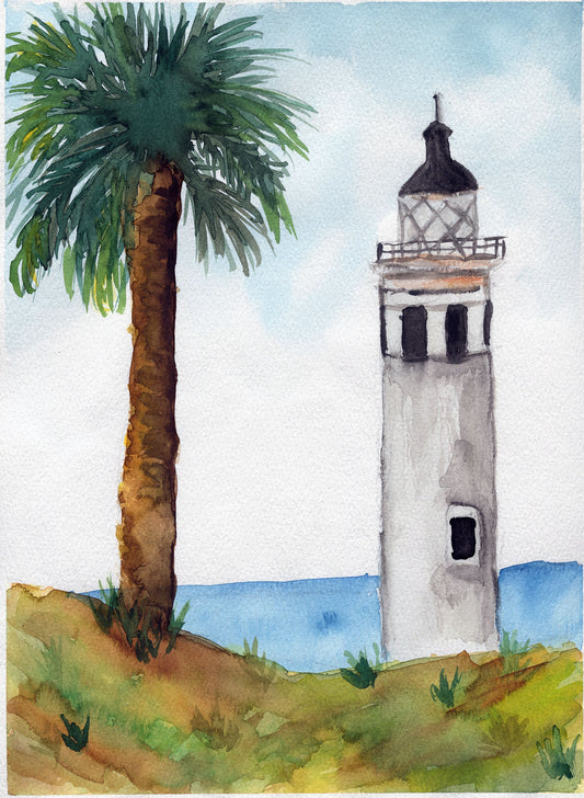 Point Vicente lighthouse original watercolor painting 9x12, Rancho Palos California wall art