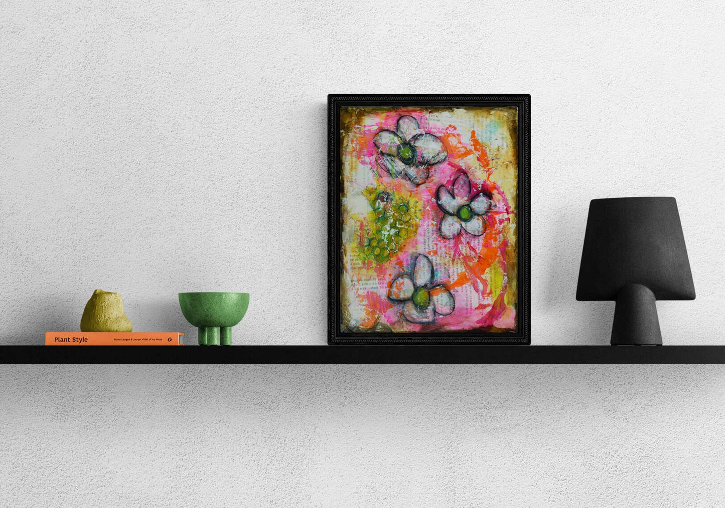 Abstract flower garden trio hand painted mixed media painting on canvas panel 11x14, original art acrylic and watercolor painting