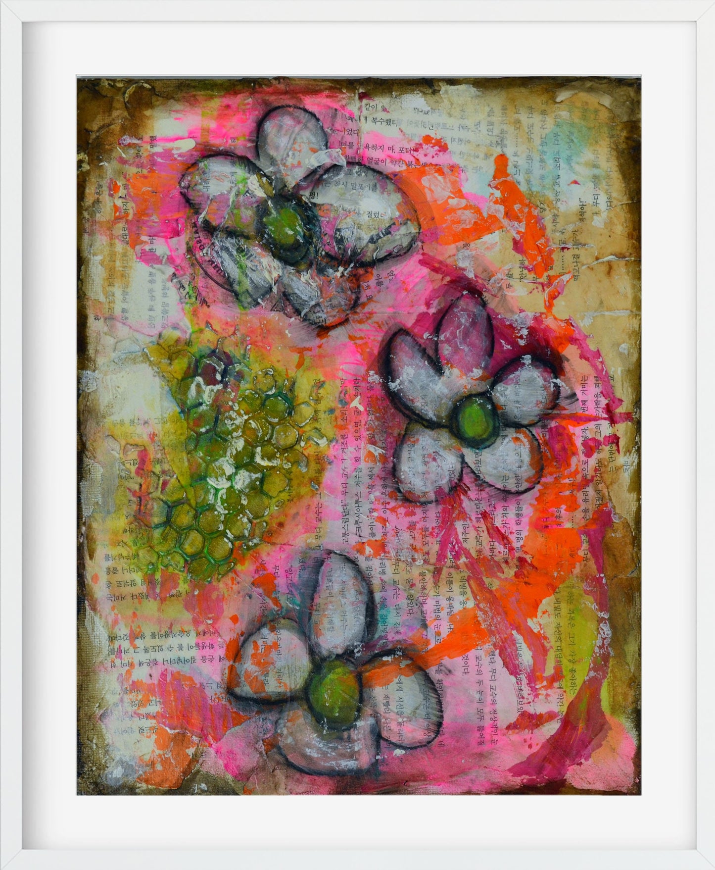 Abstract flower garden trio hand painted mixed media painting on canvas panel 11x14, original art acrylic and watercolor painting