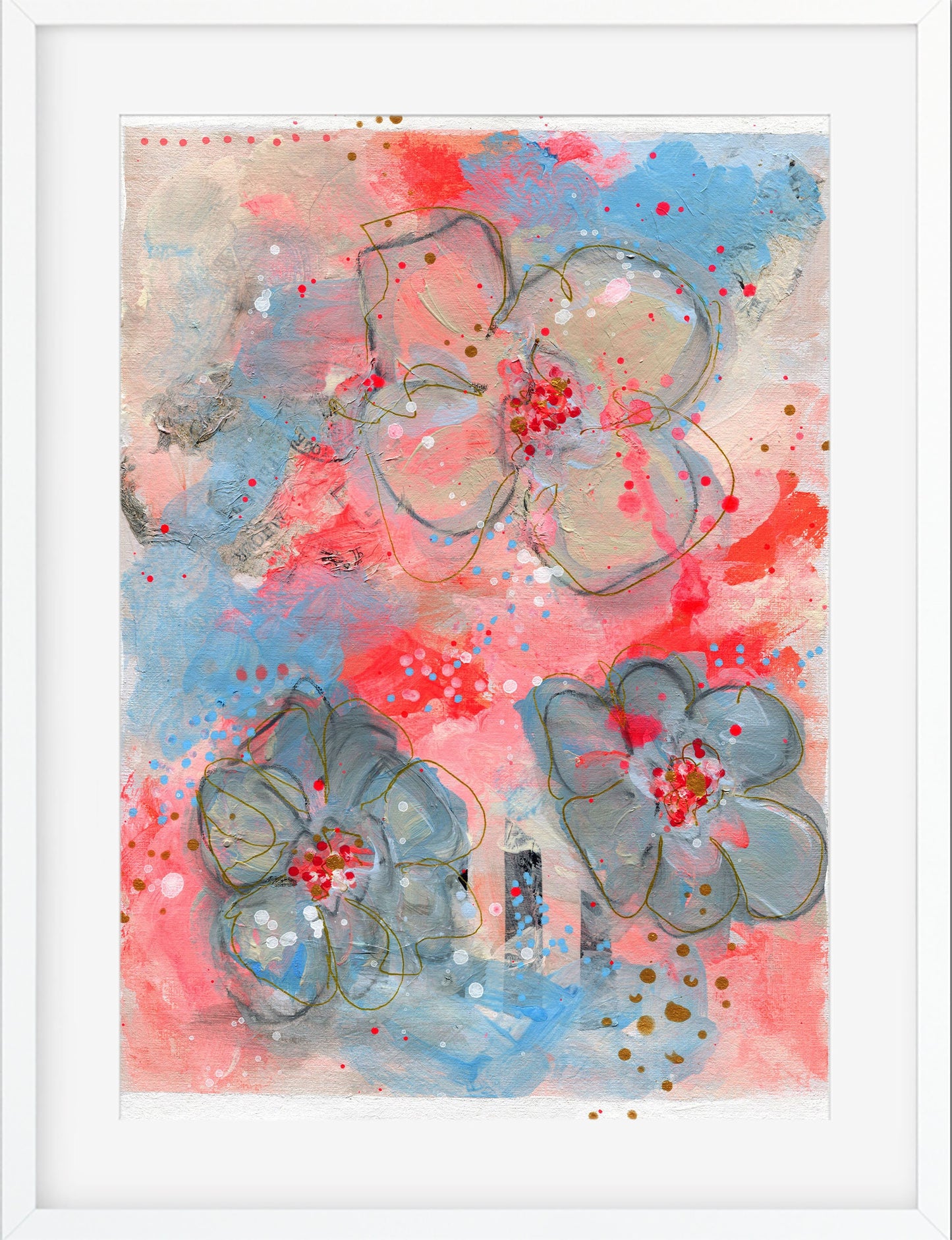 Abstract flowers hand painted mixed media painting on paper 9x12, graffiti wall art, mark making wall decor