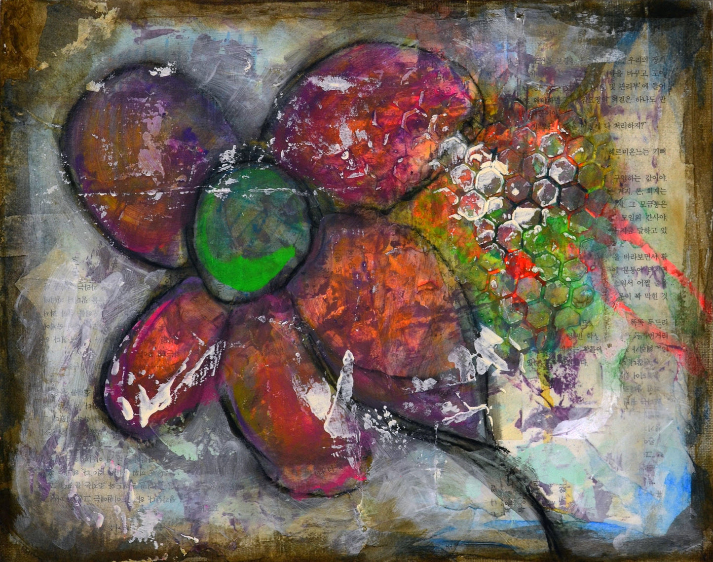 Abstract flower garden hand painted mixed media painting on canvas panel 11x14, original purple and green art painting