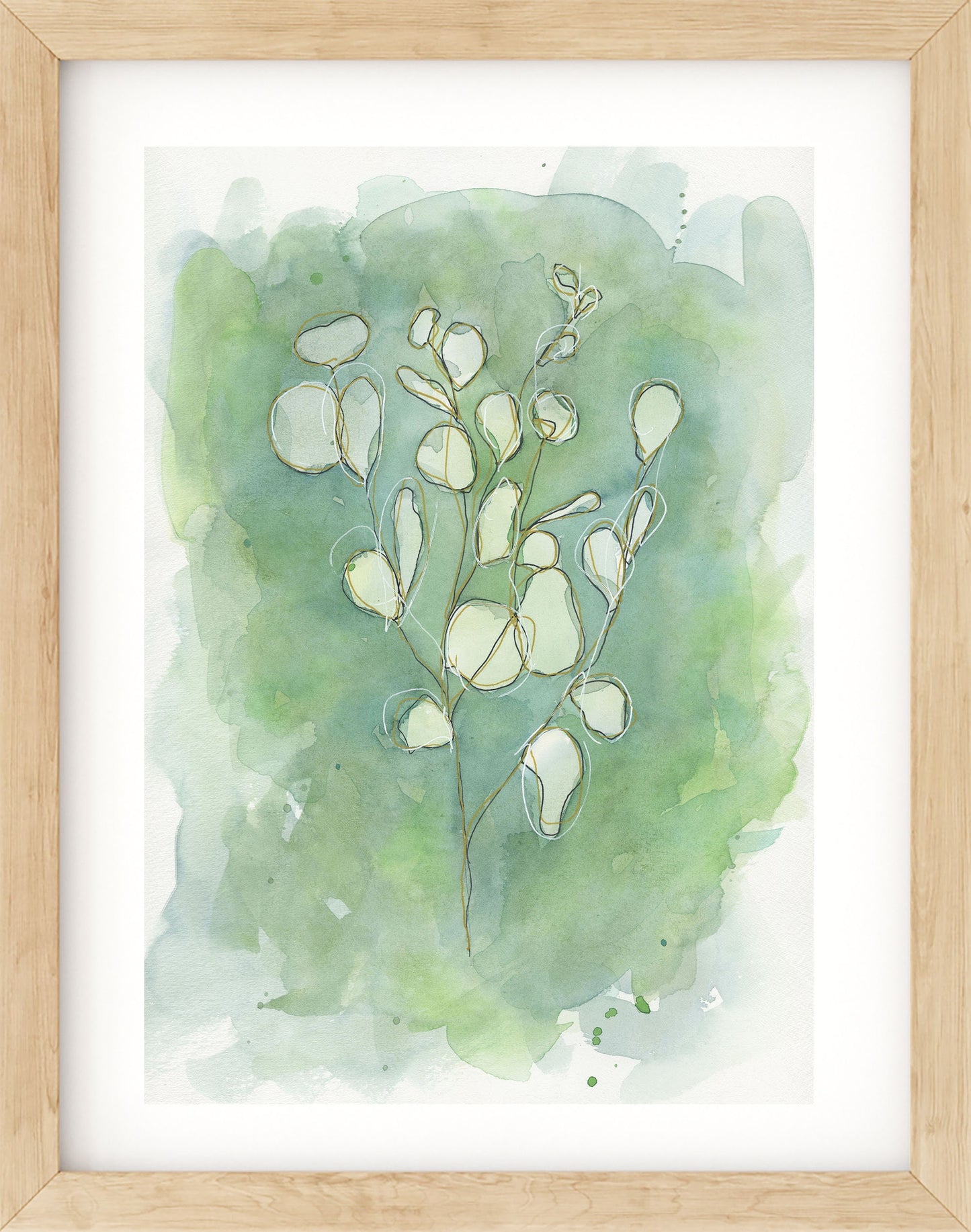 Eucalyptus watercolor painting 9x12, line and wash botanical hand painted wall art, blue and green watercolor plant