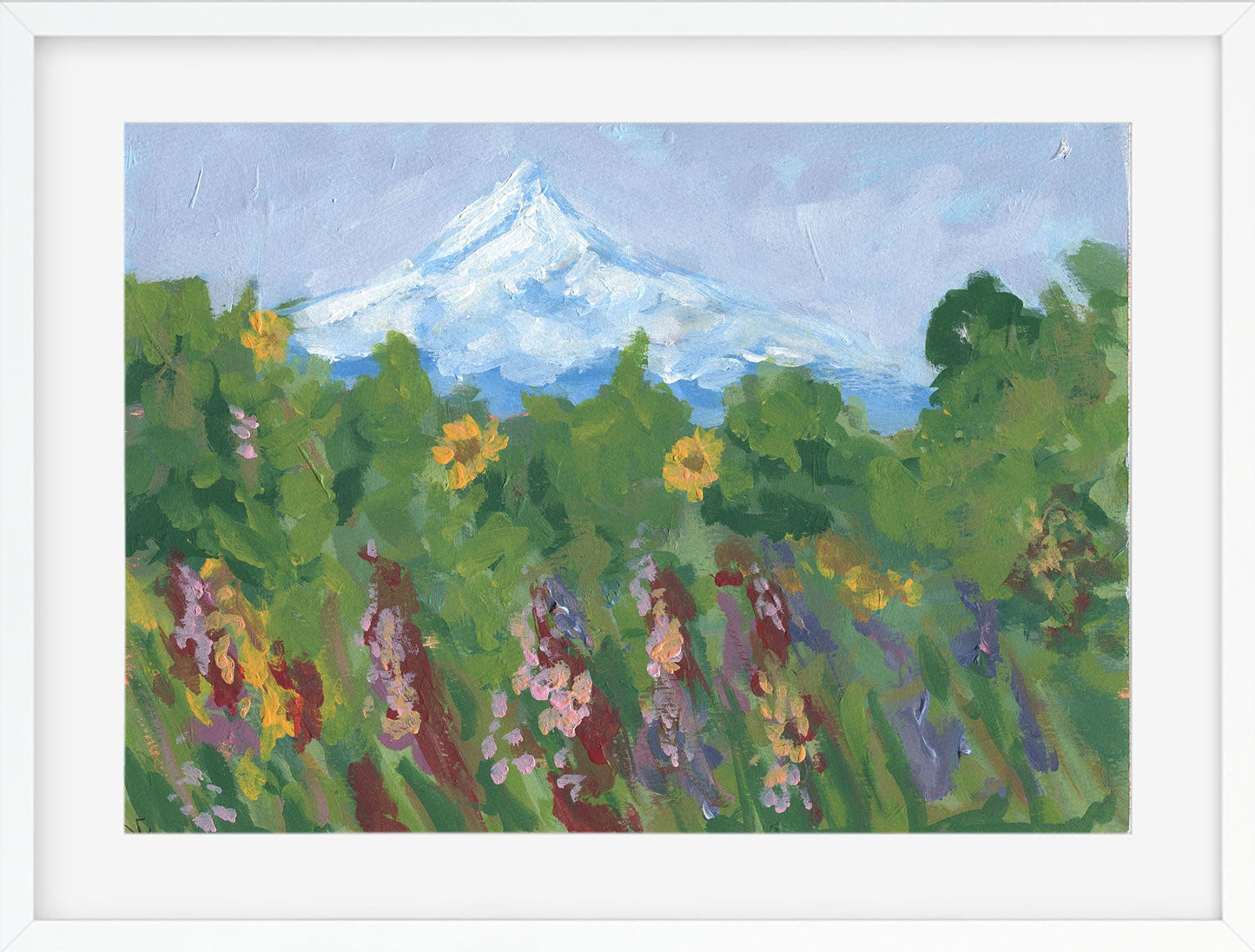 Mt Hood and flower field landscape hand painted acrylic painting 9x12, original wilderness landscape acrylic painting