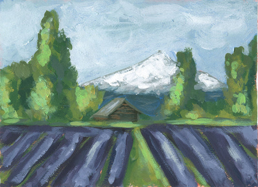 Mt Hood and lavender field landscape hand painted acrylic painting 9x12, original wilderness landscape acrylic painting