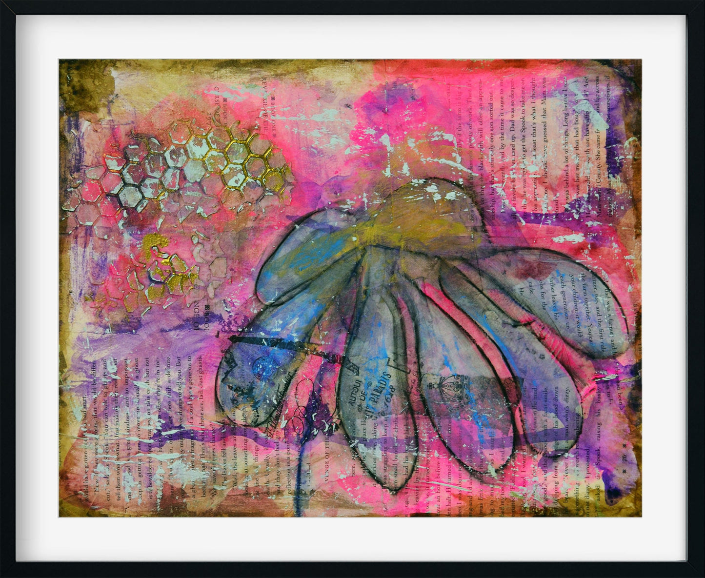 Abstract flower garden hand painted mixed media painting on canvas panel 11x14, original pink and blue art acrylic and watercolor painting