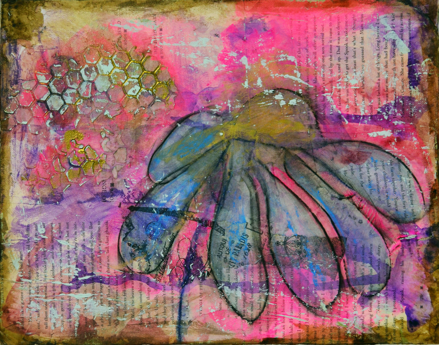 Abstract flower garden hand painted mixed media painting on canvas panel 11x14, original pink and blue art acrylic and watercolor painting