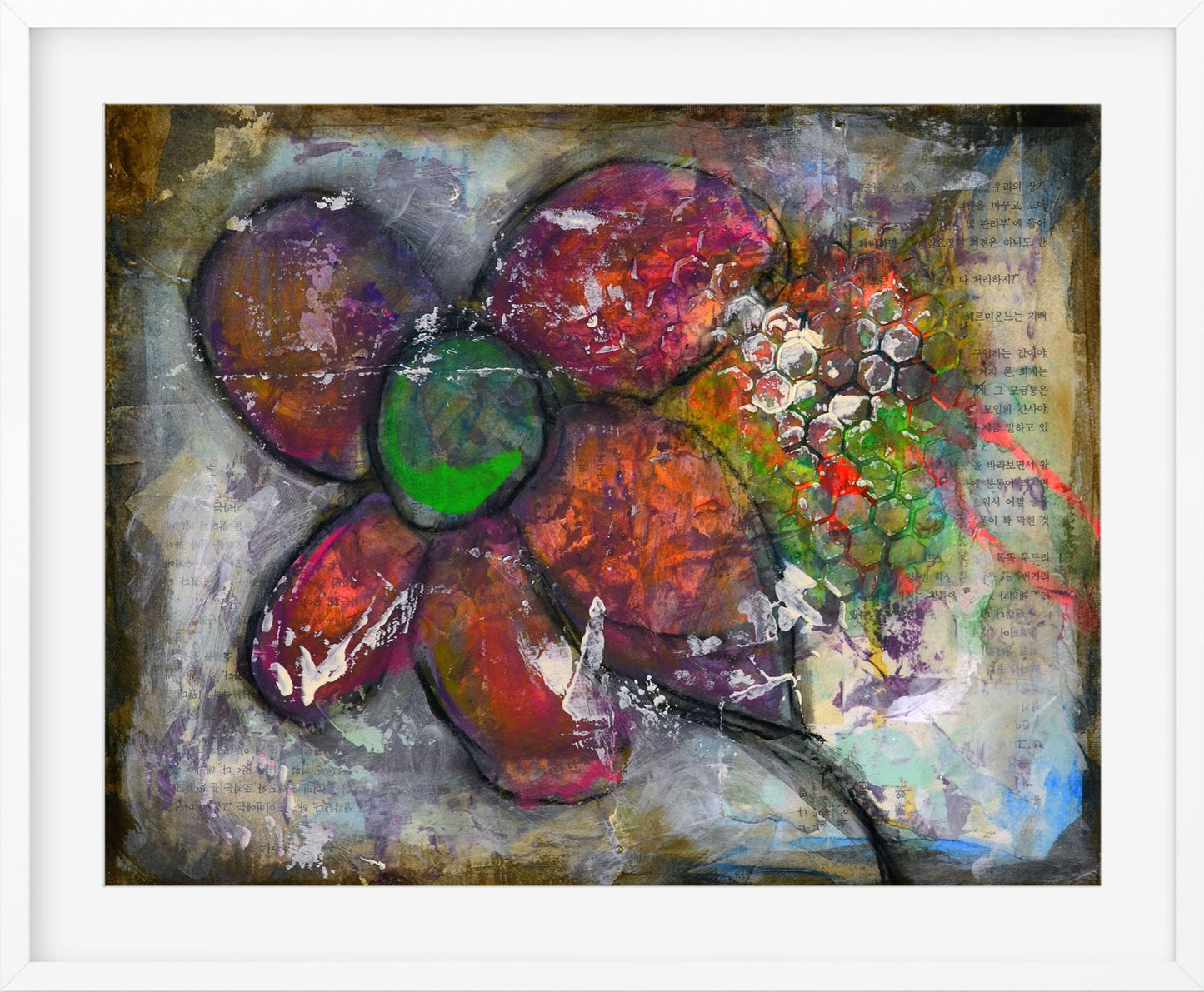 Abstract flower garden hand painted mixed media painting on canvas panel 11x14, original purple and green art painting