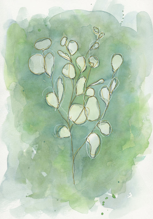 Eucalyptus watercolor painting 9x12, line and wash botanical hand painted wall art, blue and green watercolor plant