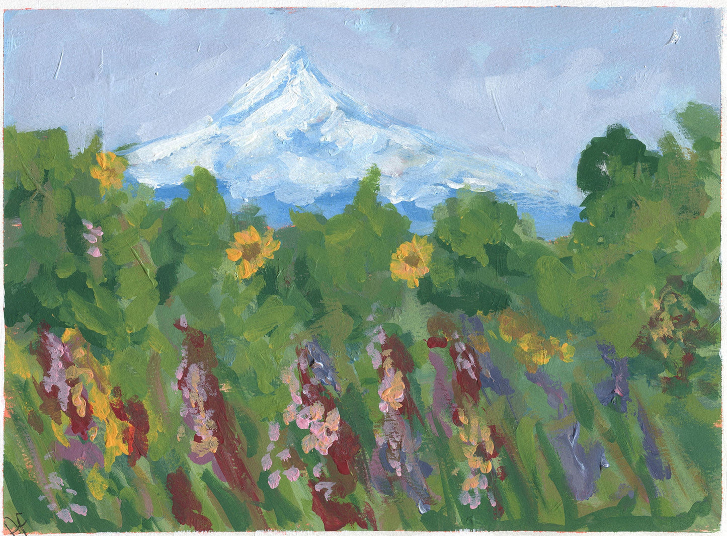 Mt Hood and flower field landscape hand painted acrylic painting 9x12, original wilderness landscape acrylic painting