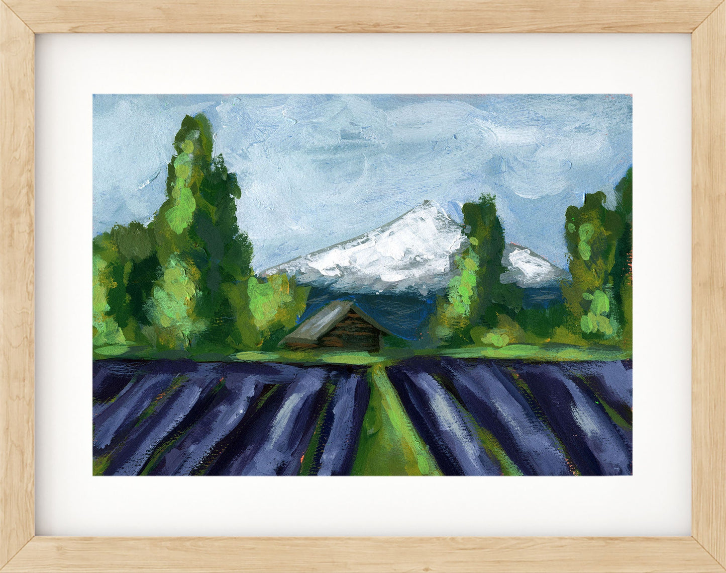 Mt Hood and lavender field landscape hand painted acrylic painting 9x12, original wilderness landscape acrylic painting