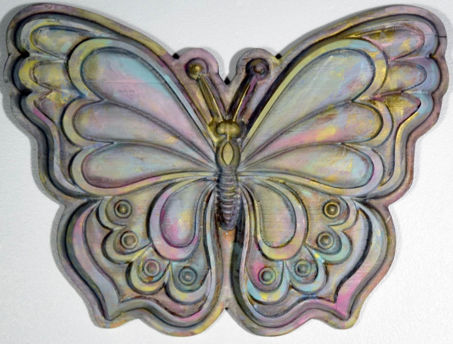 Butterfly hand painted 3d wood carving, wood wall art, pastel painted butterfly ready to hang