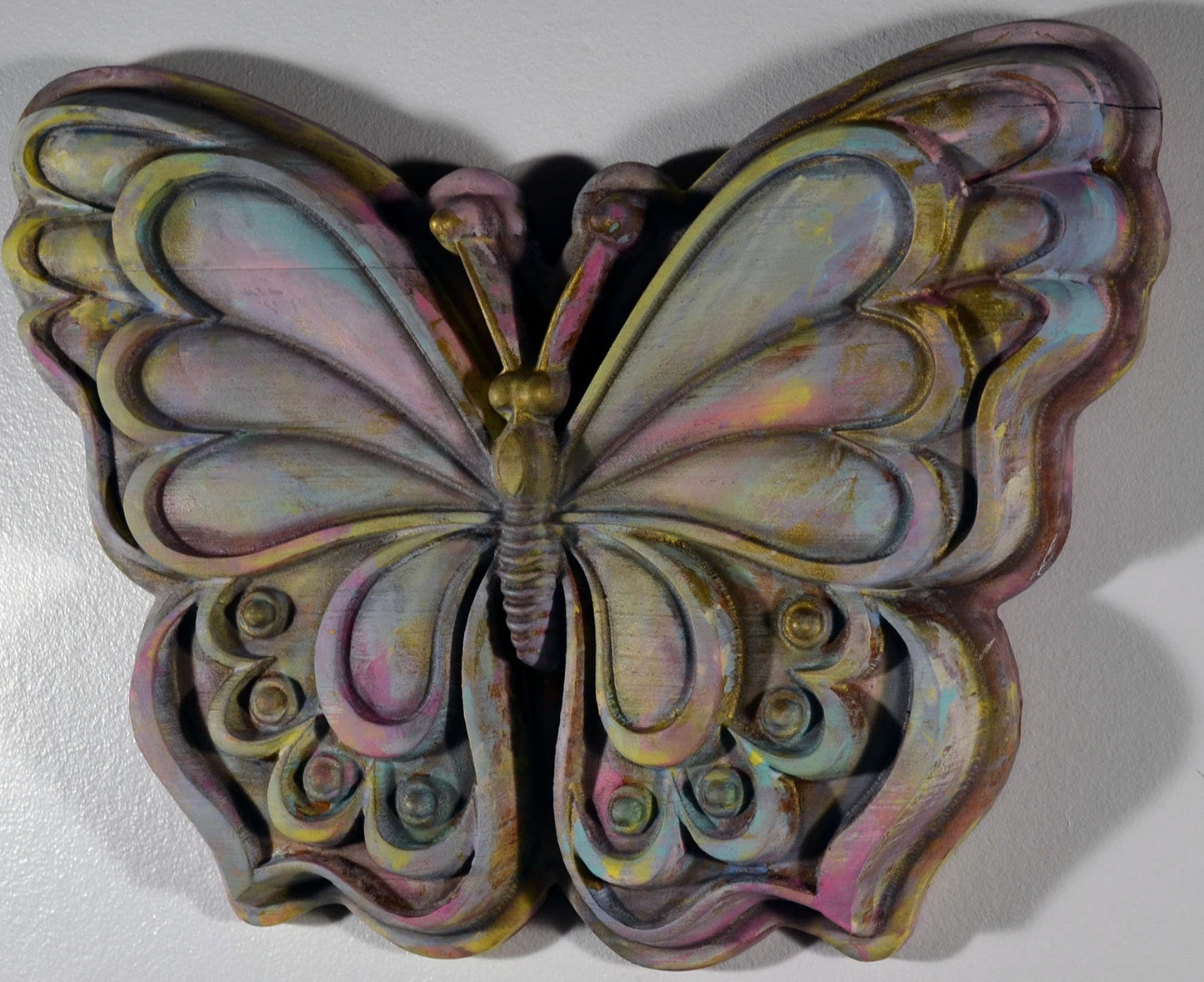 Butterfly hand painted 3d wood carving, wood wall art, pastel painted butterfly ready to hang