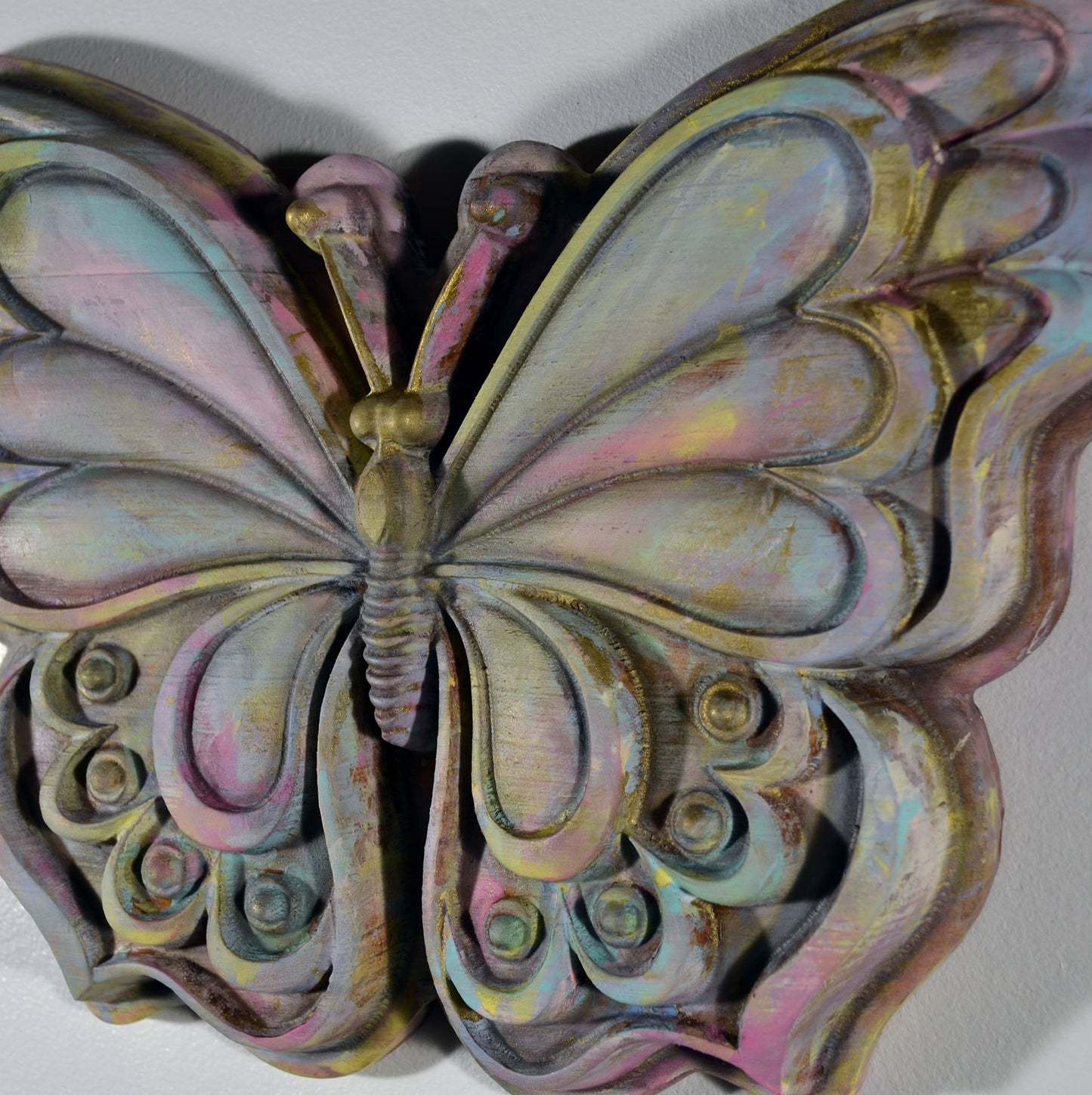 Butterfly hand painted 3d wood carving, wood wall art, pastel painted butterfly ready to hang