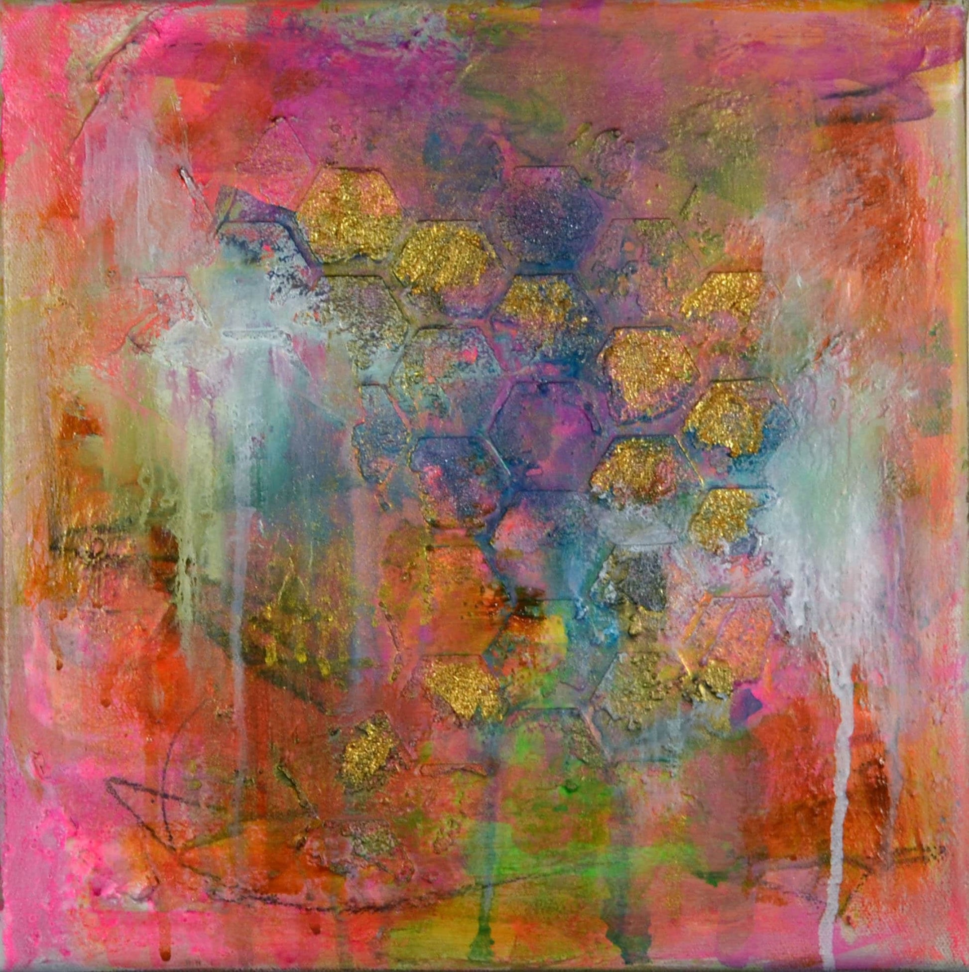 Abstract mixed media on canvas 8x10, hot pink honeycomb design on watercolor board, eclectic wall art