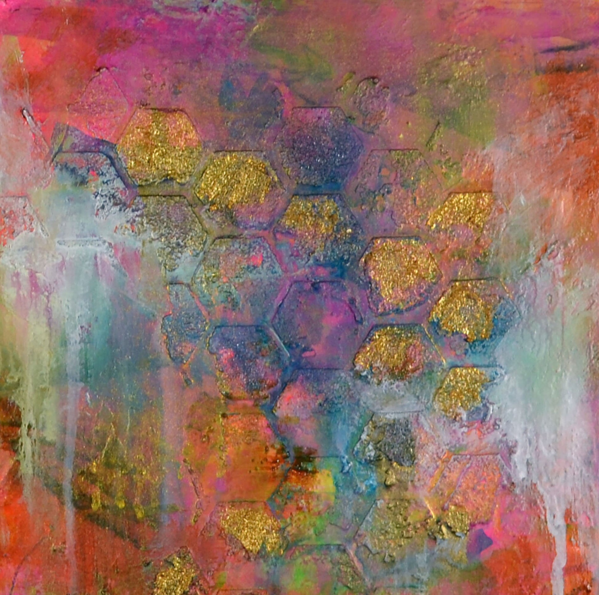 Abstract mixed media on canvas 8x10, hot pink honeycomb design on watercolor board, eclectic wall art